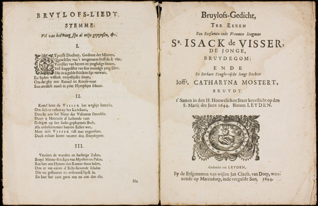 Het gedrukte gedicht bij het huwelijk van Isack de Visser en Catharyna Mostert uit 1644